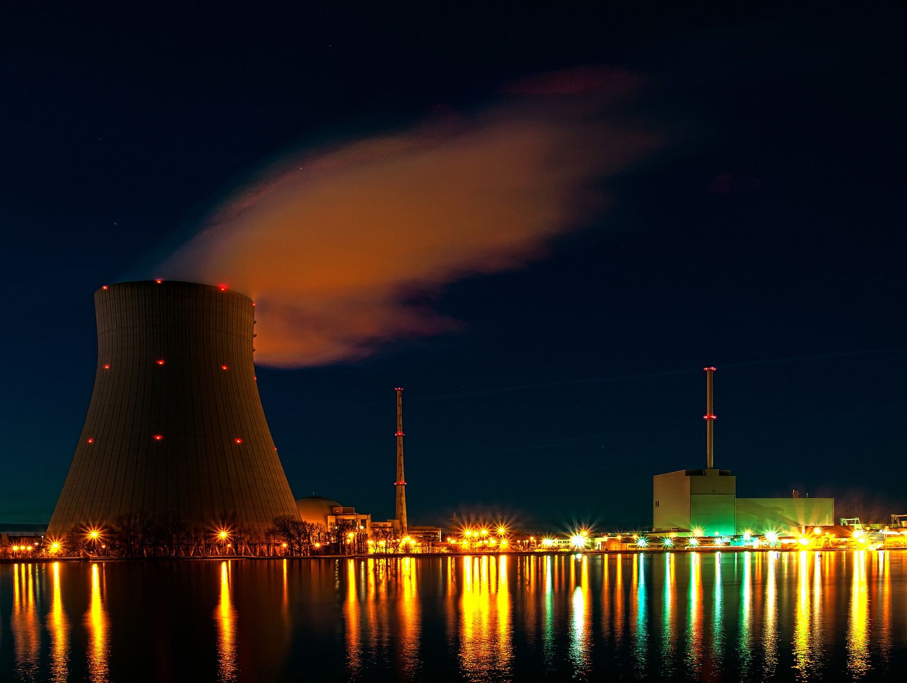 A nuclear power plant at night